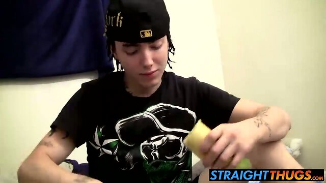 Straight tattooed thug playing with his big cock and a