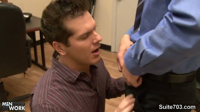 Tattooed gay gets ass licked and fucked in the office