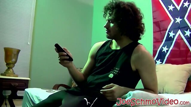 Handsome dude with curly black hair jerking off his big