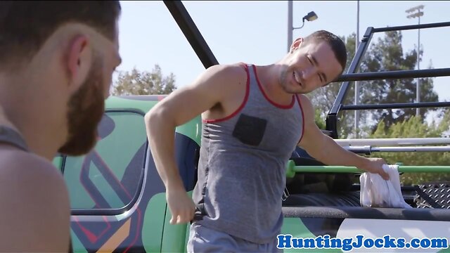 Assfucked fitness hunk drops his milky load