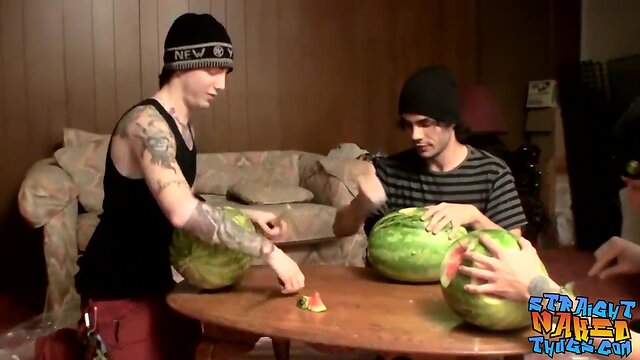 Straight inked guys fuck watermelons until splashing