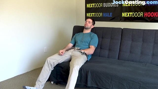 Sporty casting jock sucked off by inked guy