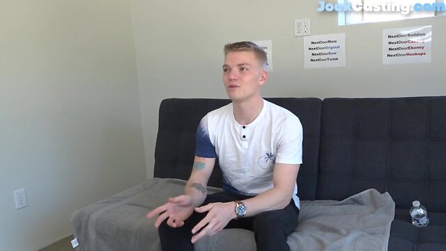 Inked casting jock tugs shaved pecker for cum-shot