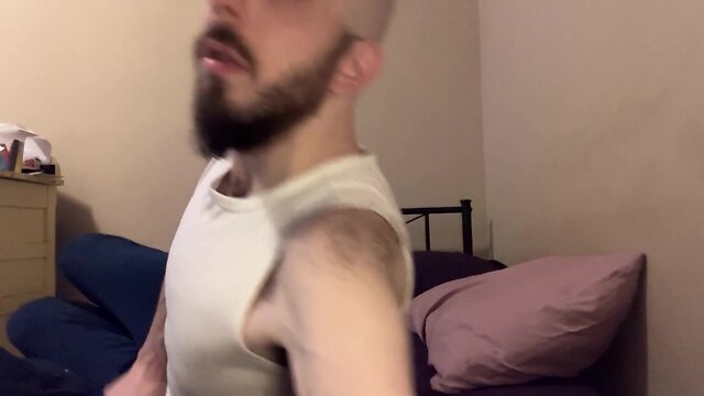 Hairy skinny man with bald blue eyes and uncut dick