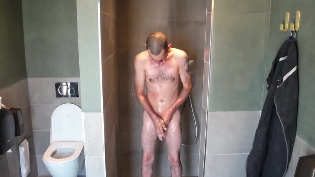 German campshower fun: ball-stretching, big cock